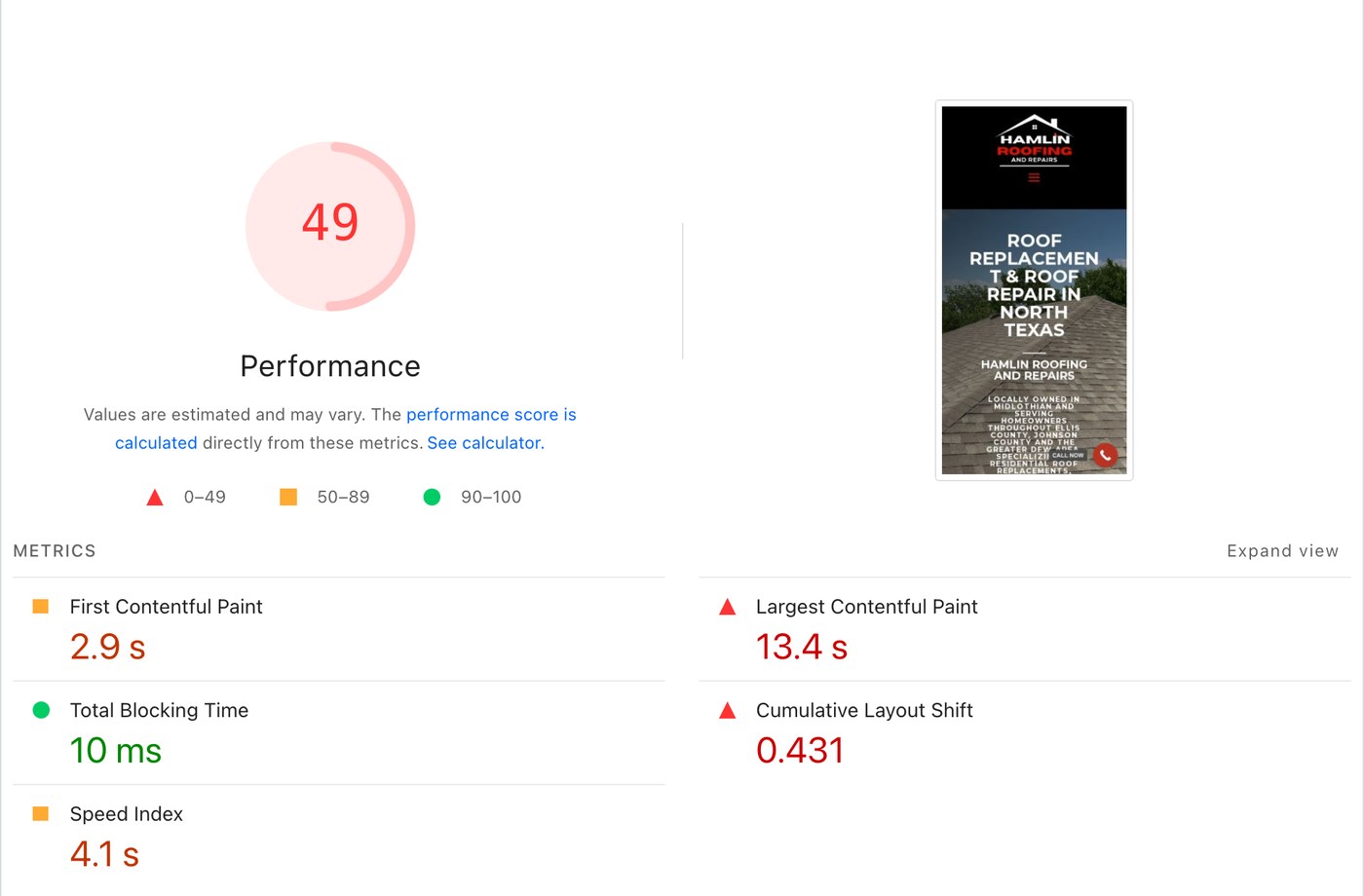 PageSpeed Insights on the current site: 49 out of 100